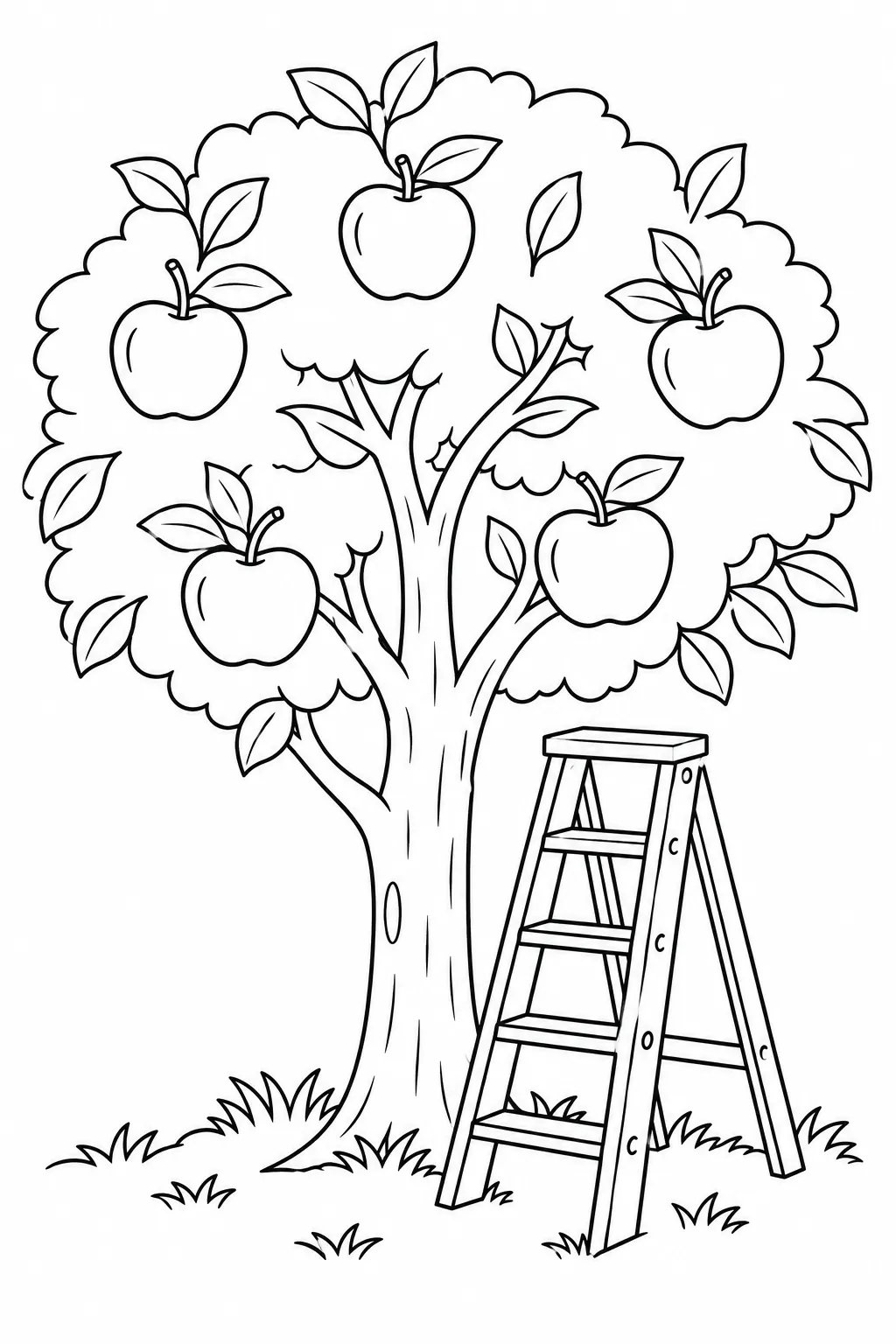 Printable fall coloring page showing orchard ladder