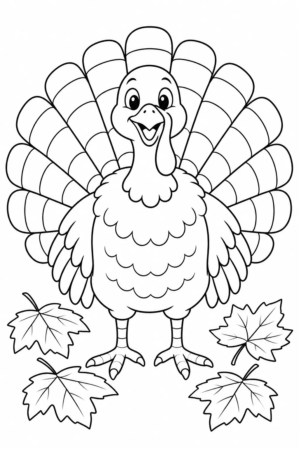 Printable fall coloring page showing turkey in leaves