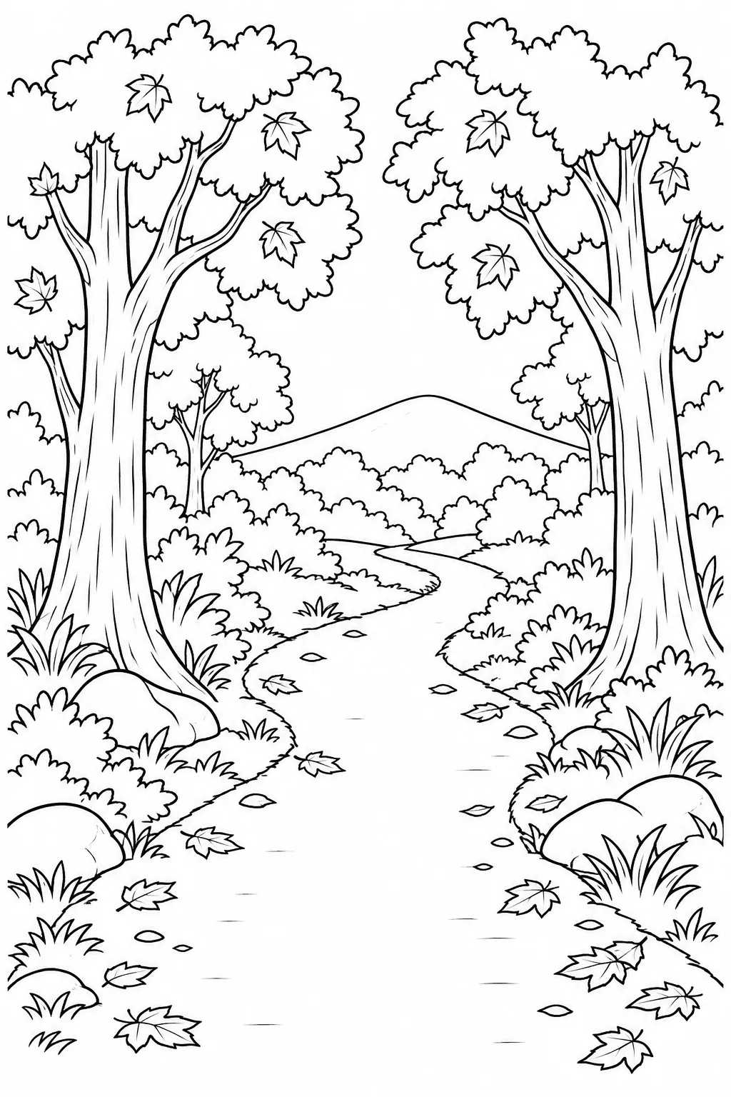 Printable fall coloring page showing forest trail