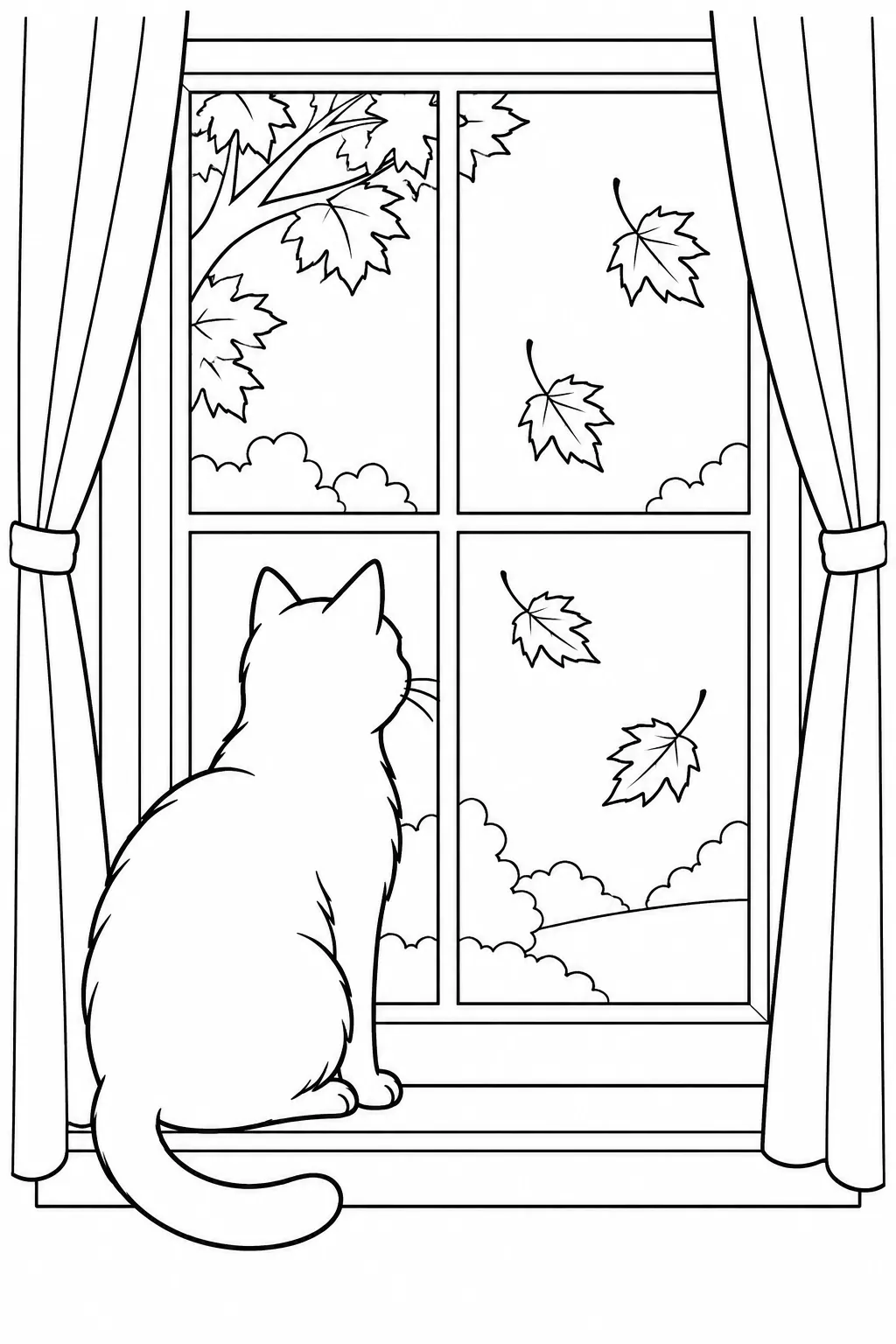 Printable fall coloring page showing cat at the window