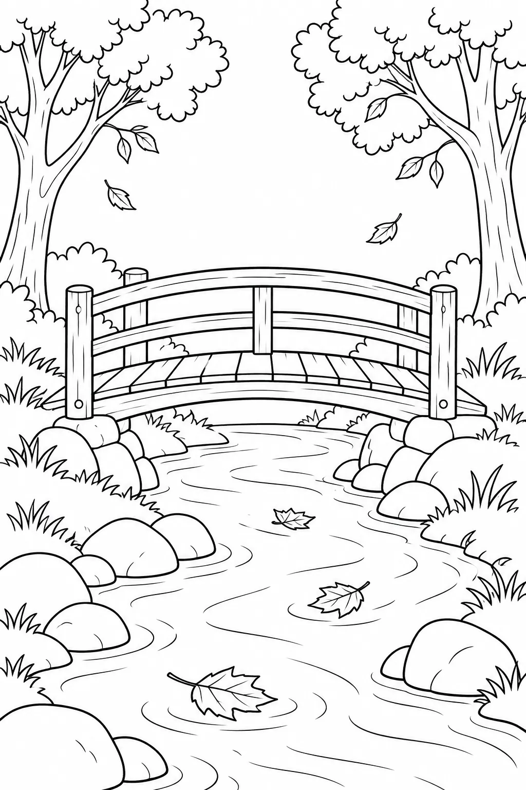 Printable fall coloring page showing bridge over a stream