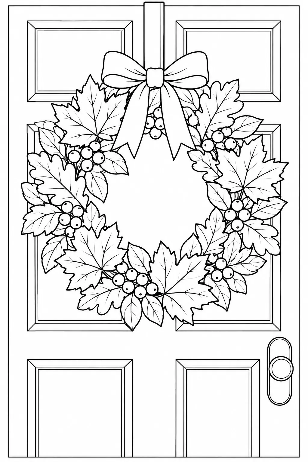 Printable fall coloring page showing autumn door wreath