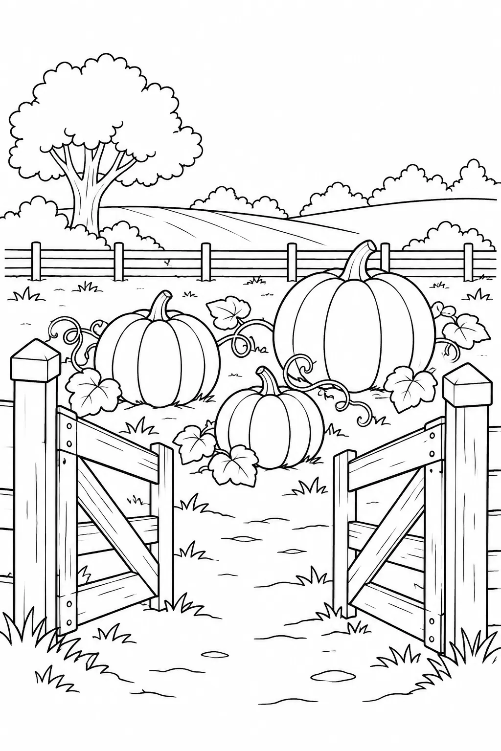 Printable fall coloring page showing pumpkin patch gate