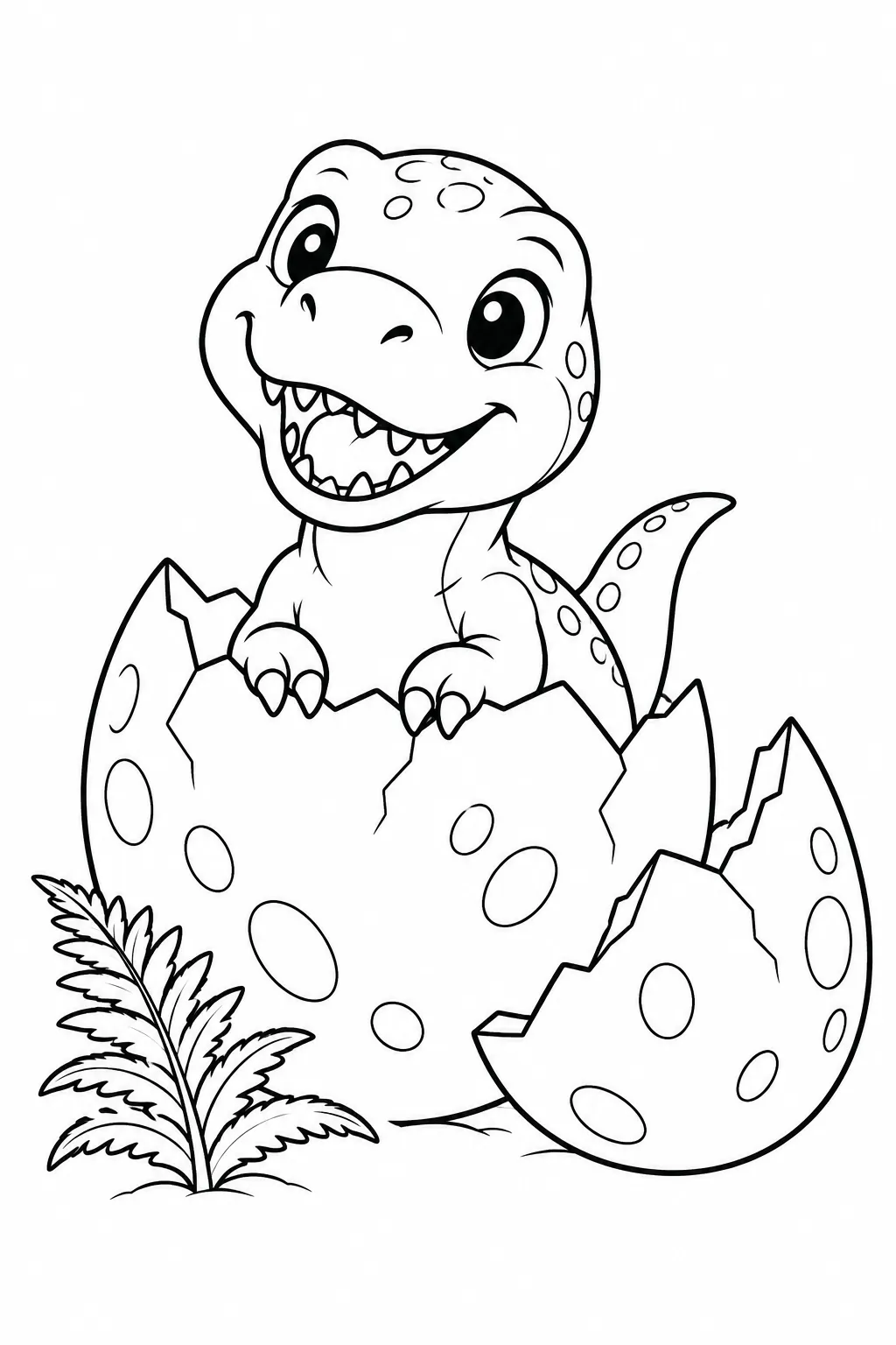 Printable dinosaur coloring page showing baby t rex in an eggshell