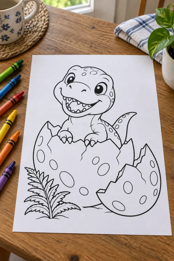 Baby dinosaur coloring page on a table beside crayons