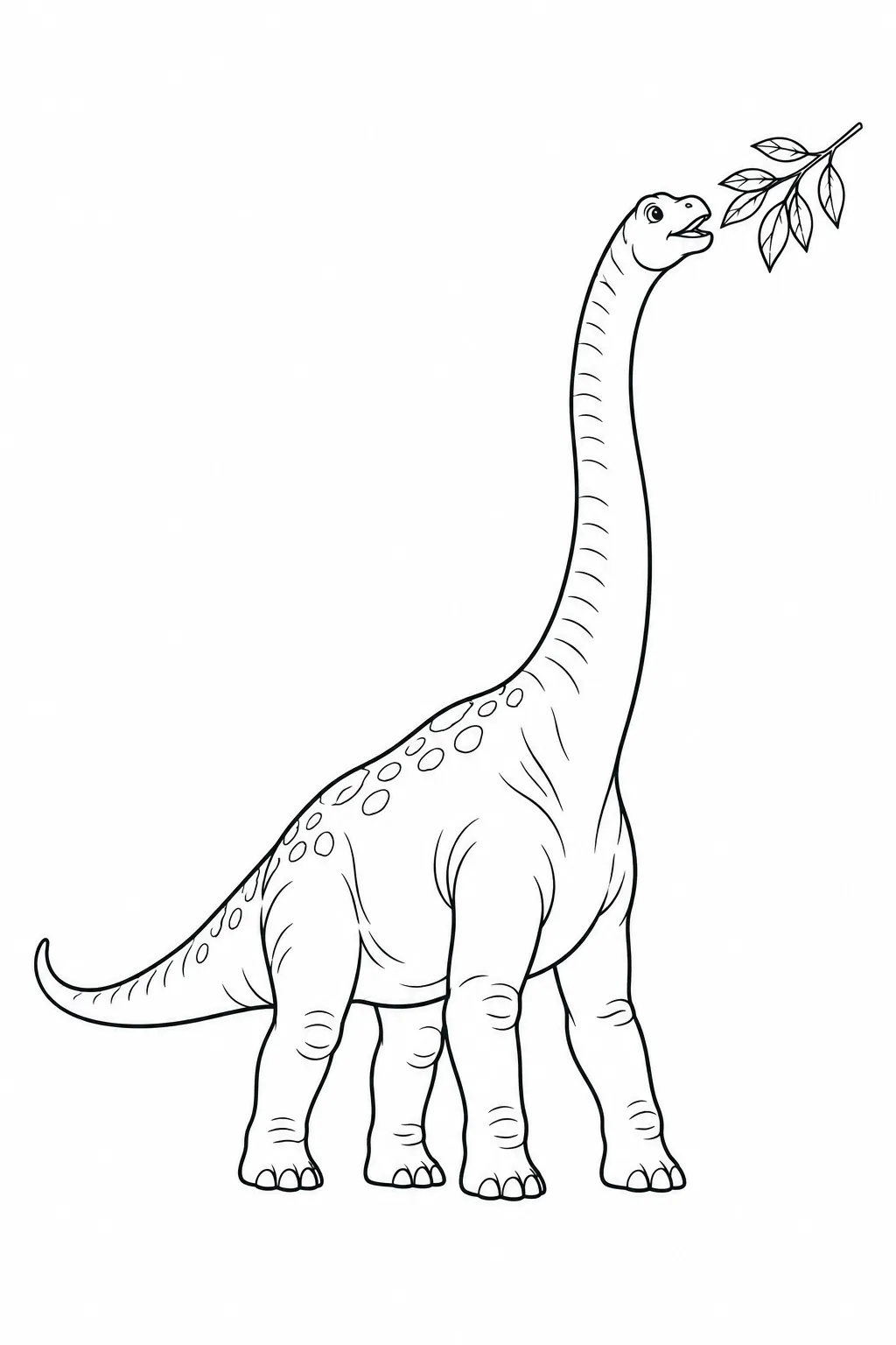 Printable dinosaur coloring page showing long neck reaching for leaves