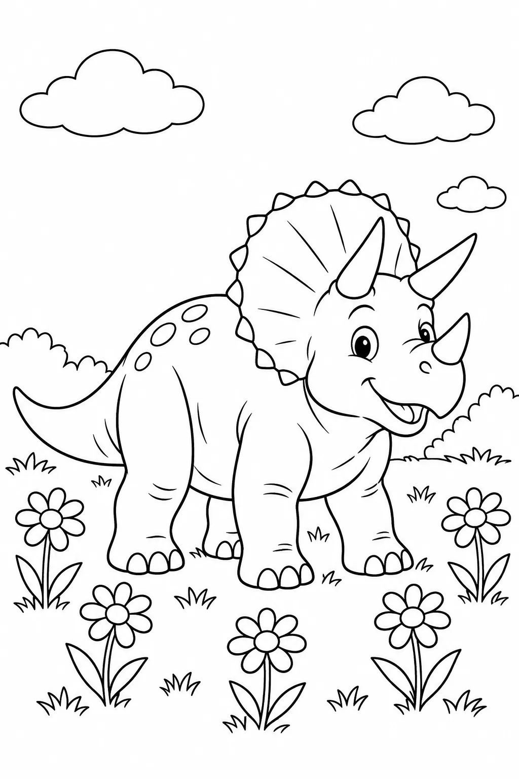 Printable dinosaur coloring page showing triceratops in a flower meadow