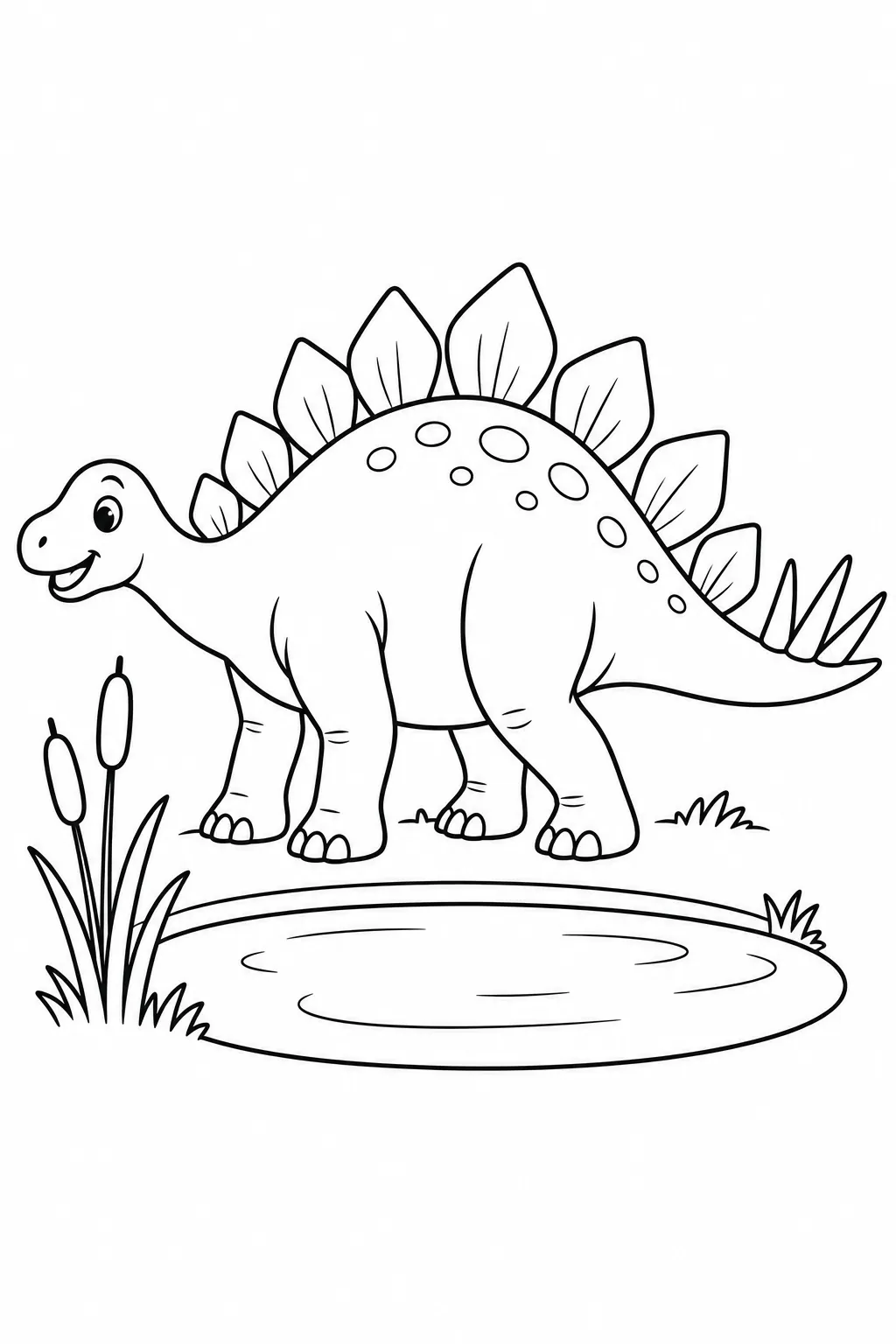 Printable dinosaur coloring page showing stegosaurus beside a pond
