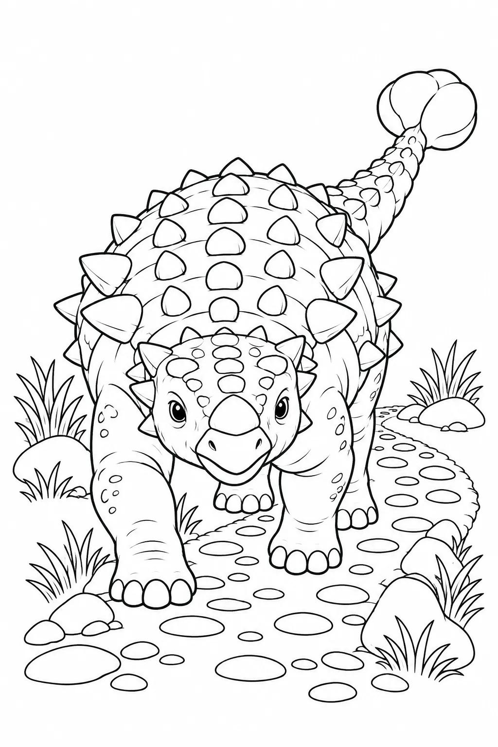 Printable dinosaur coloring page showing ankylosaurus on a pebble path