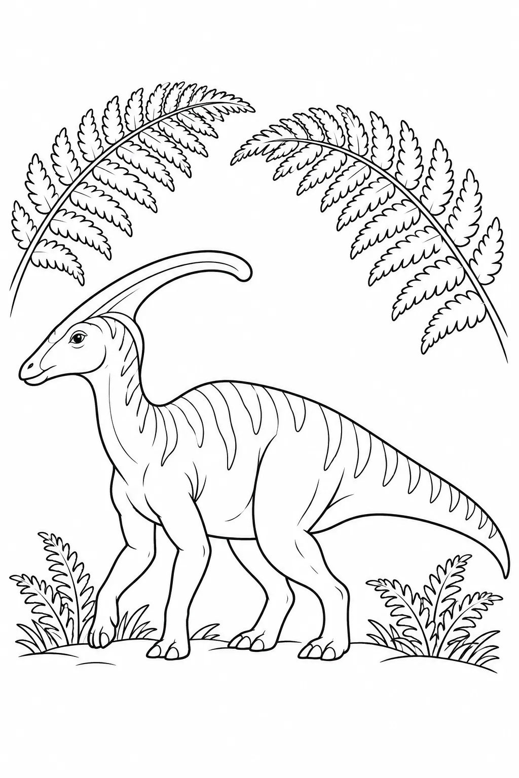 Printable dinosaur coloring page showing parasaurolophus beneath ferns