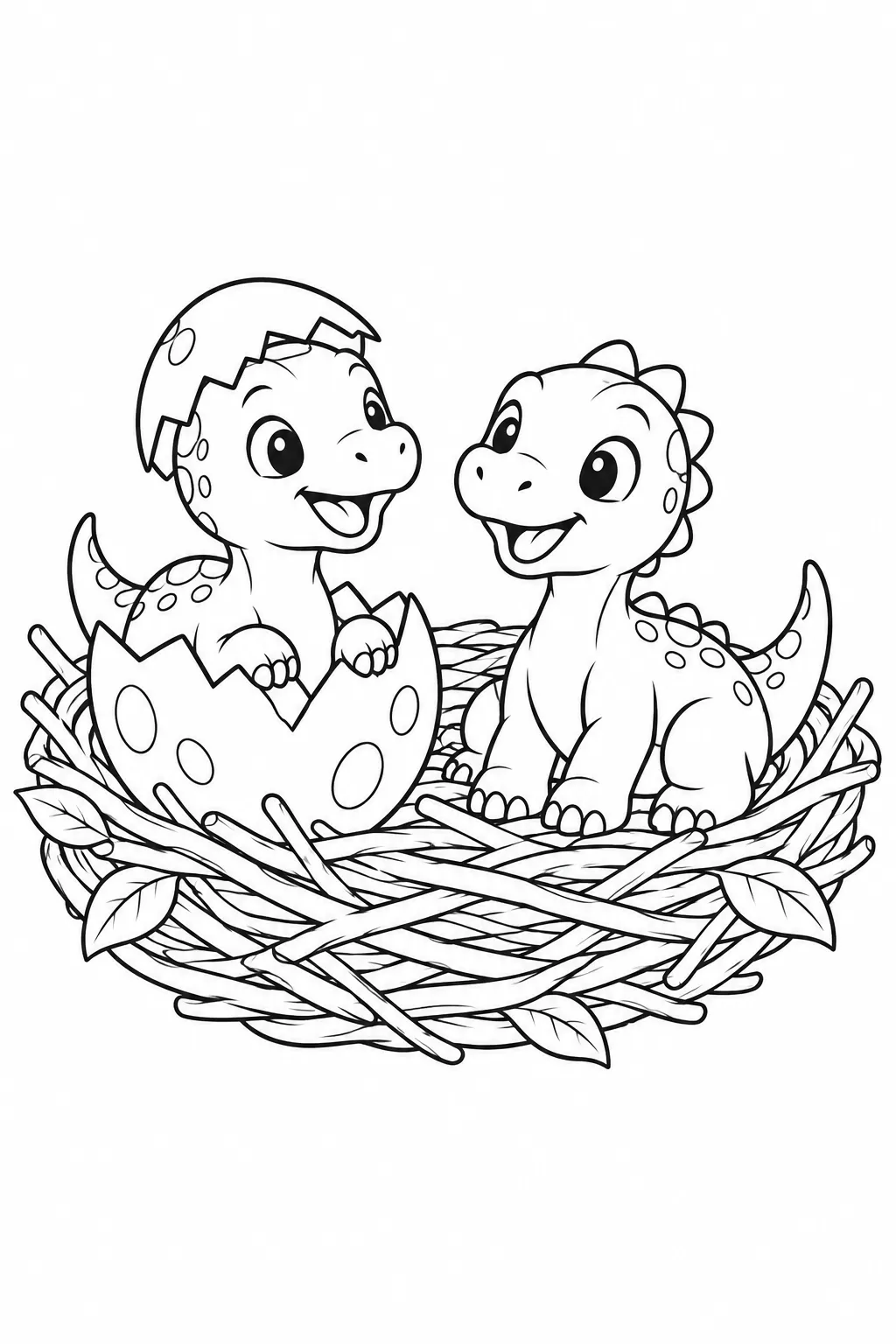 Printable dinosaur coloring page showing two hatchlings in a nest