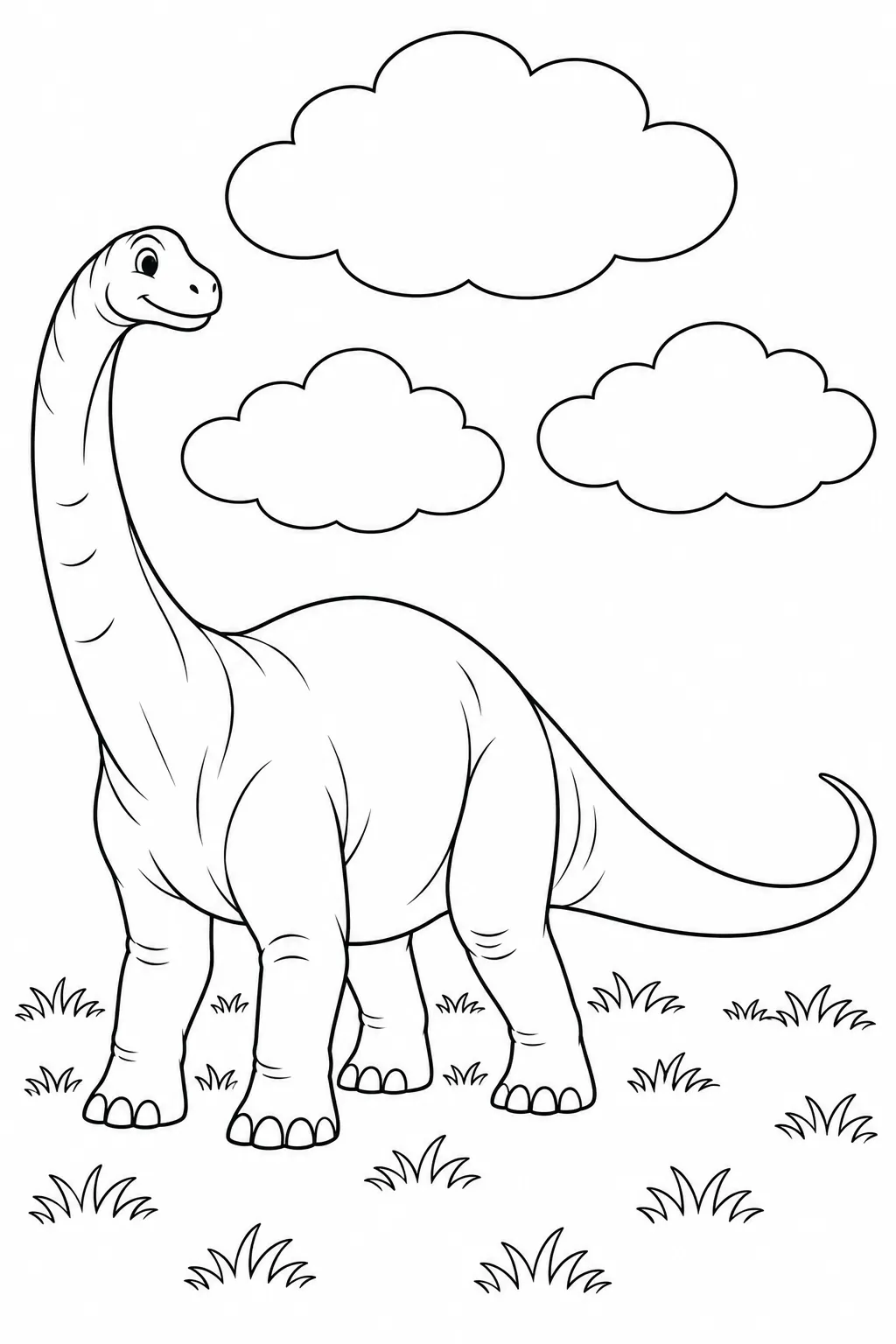 Printable dinosaur coloring page showing apatosaurus under puffy clouds