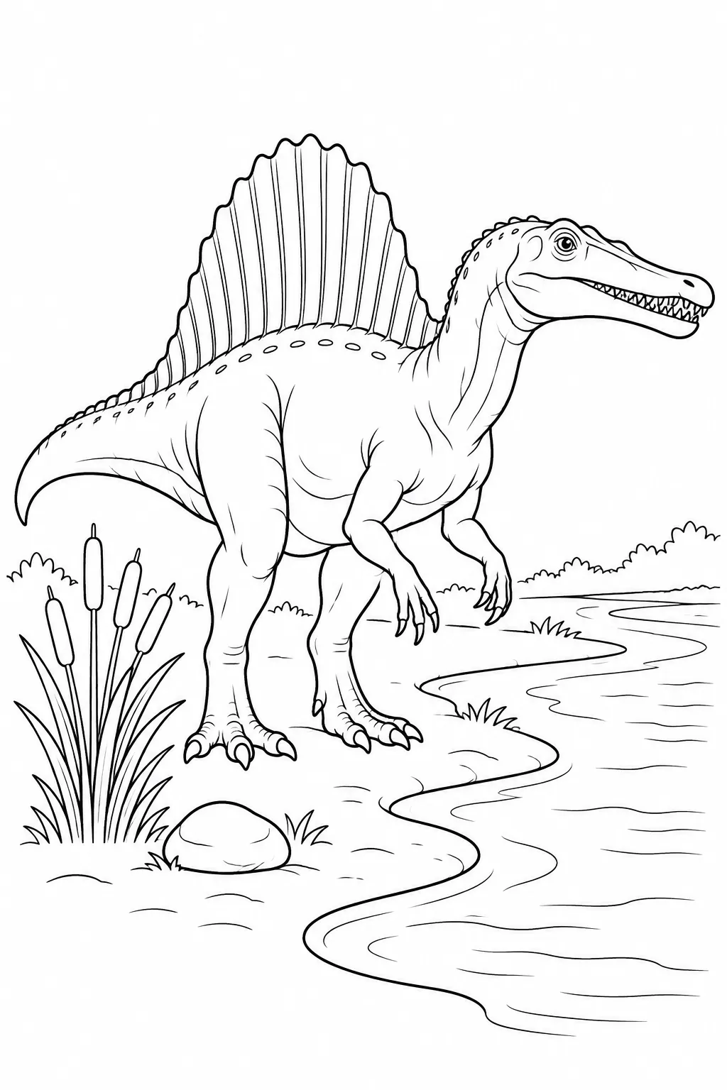 Printable dinosaur coloring page showing spinosaurus at the riverbank
