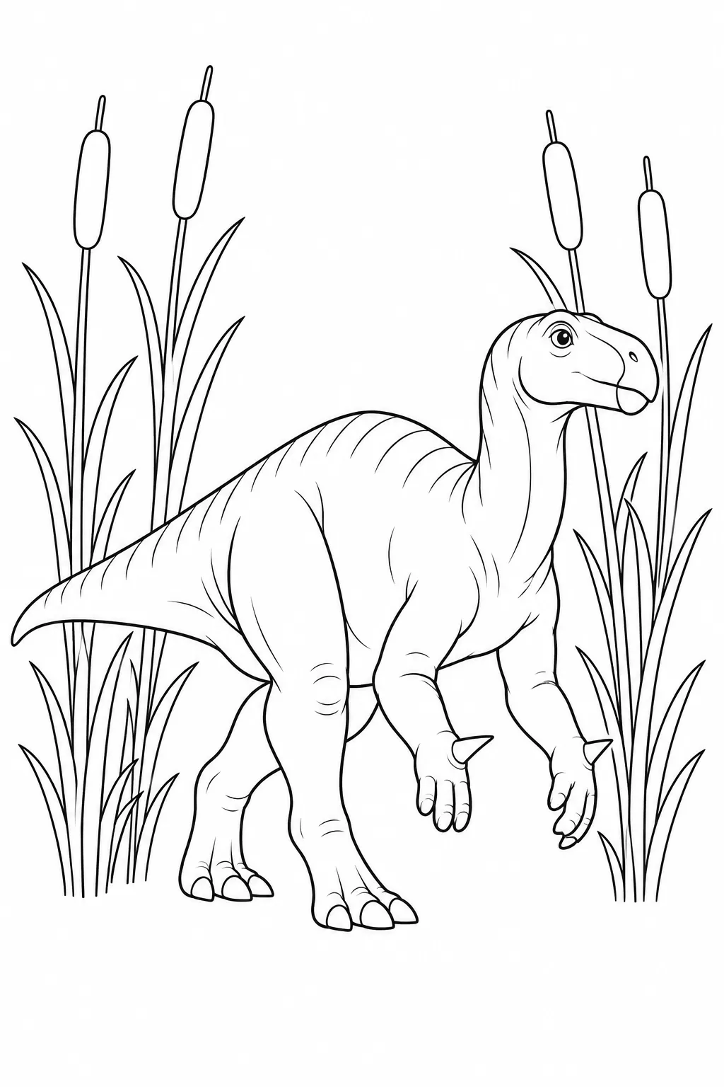 Printable dinosaur coloring page showing iguanodon among tall reeds