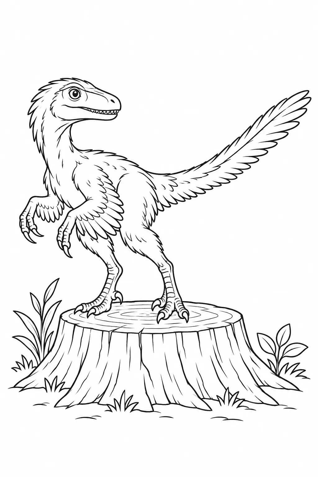 Printable dinosaur coloring page showing velociraptor on a tree stump