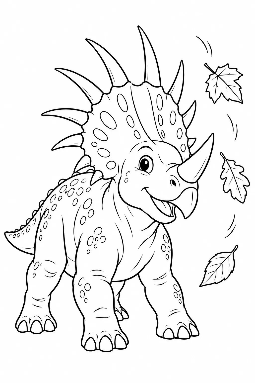 Printable dinosaur coloring page showing styracosaurus and falling leaves
