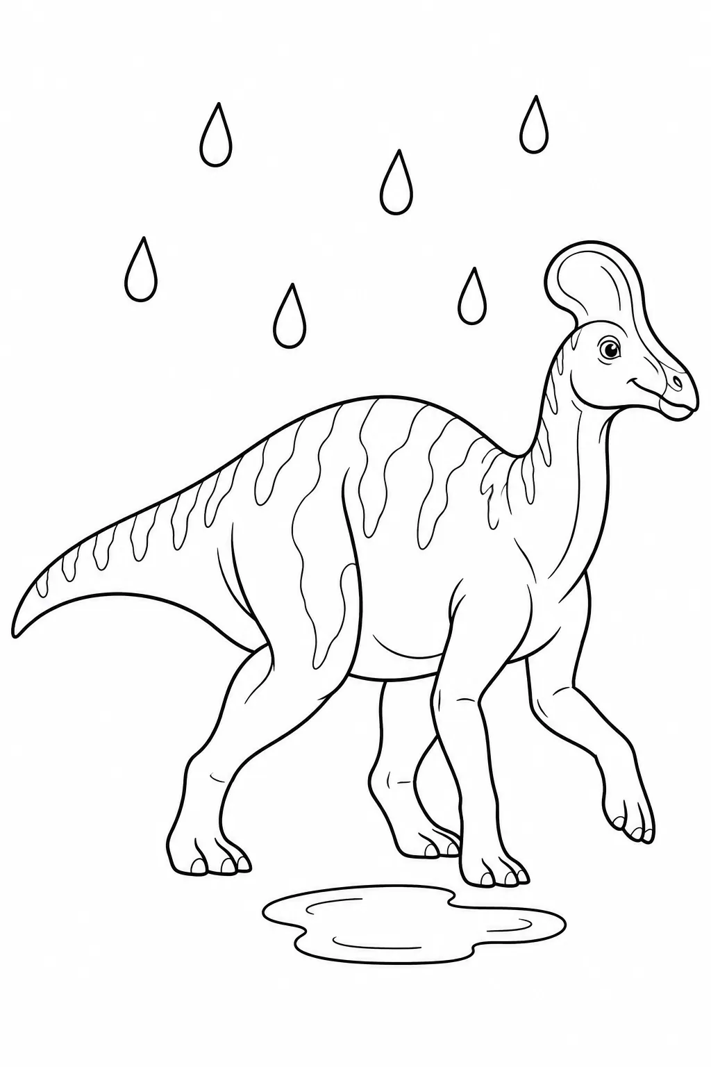 Printable dinosaur coloring page showing corythosaurus in a gentle rain