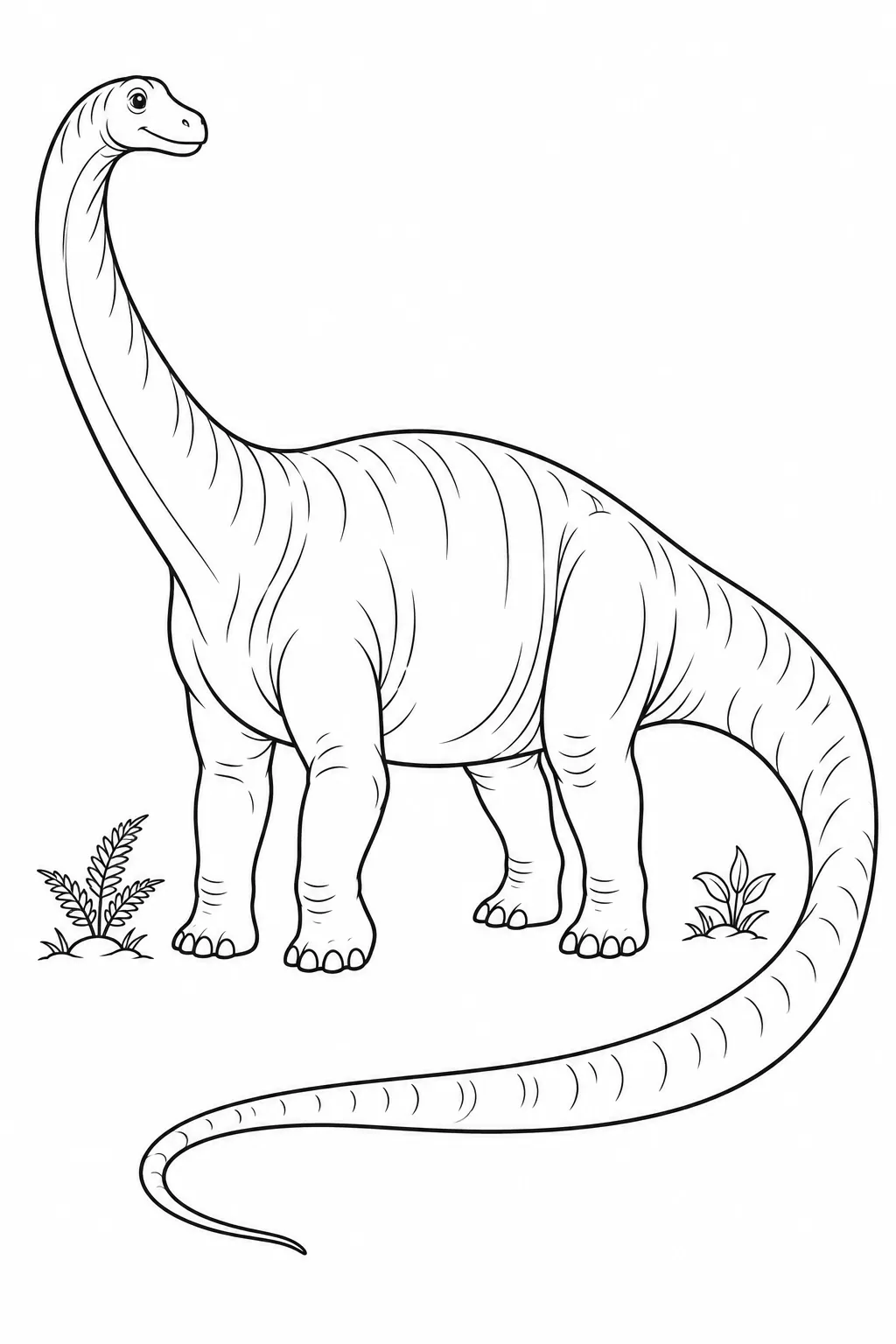 Printable dinosaur coloring page showing diplodocus with a curving tail