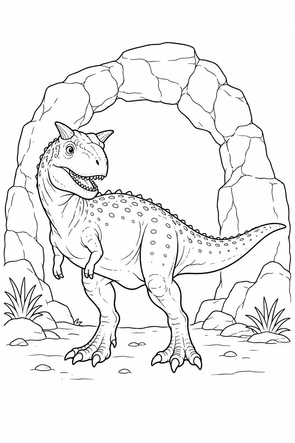 Printable dinosaur coloring page showing carnotaurus by a rock arch