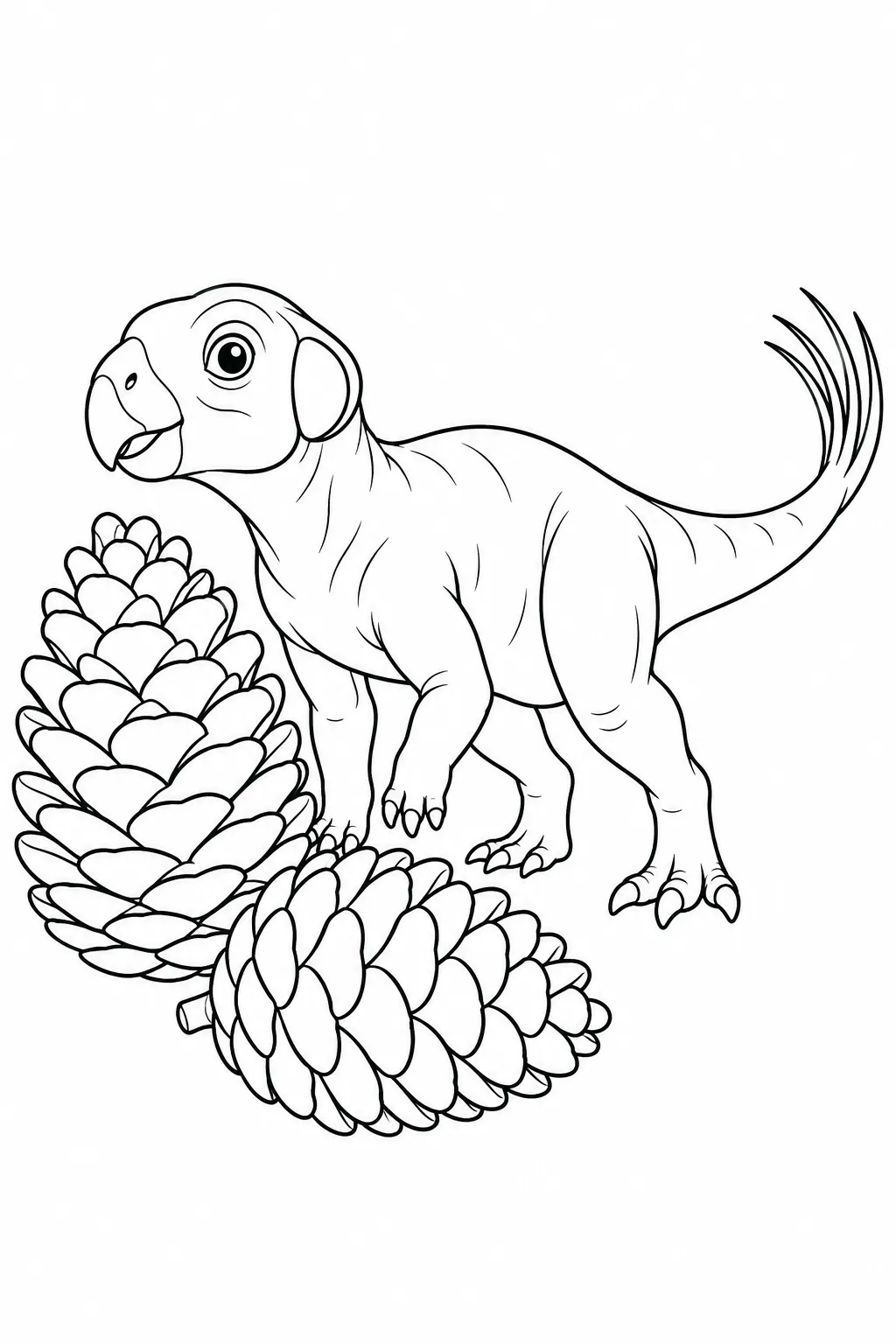 Printable dinosaur coloring page showing psittacosaurus with pinecones