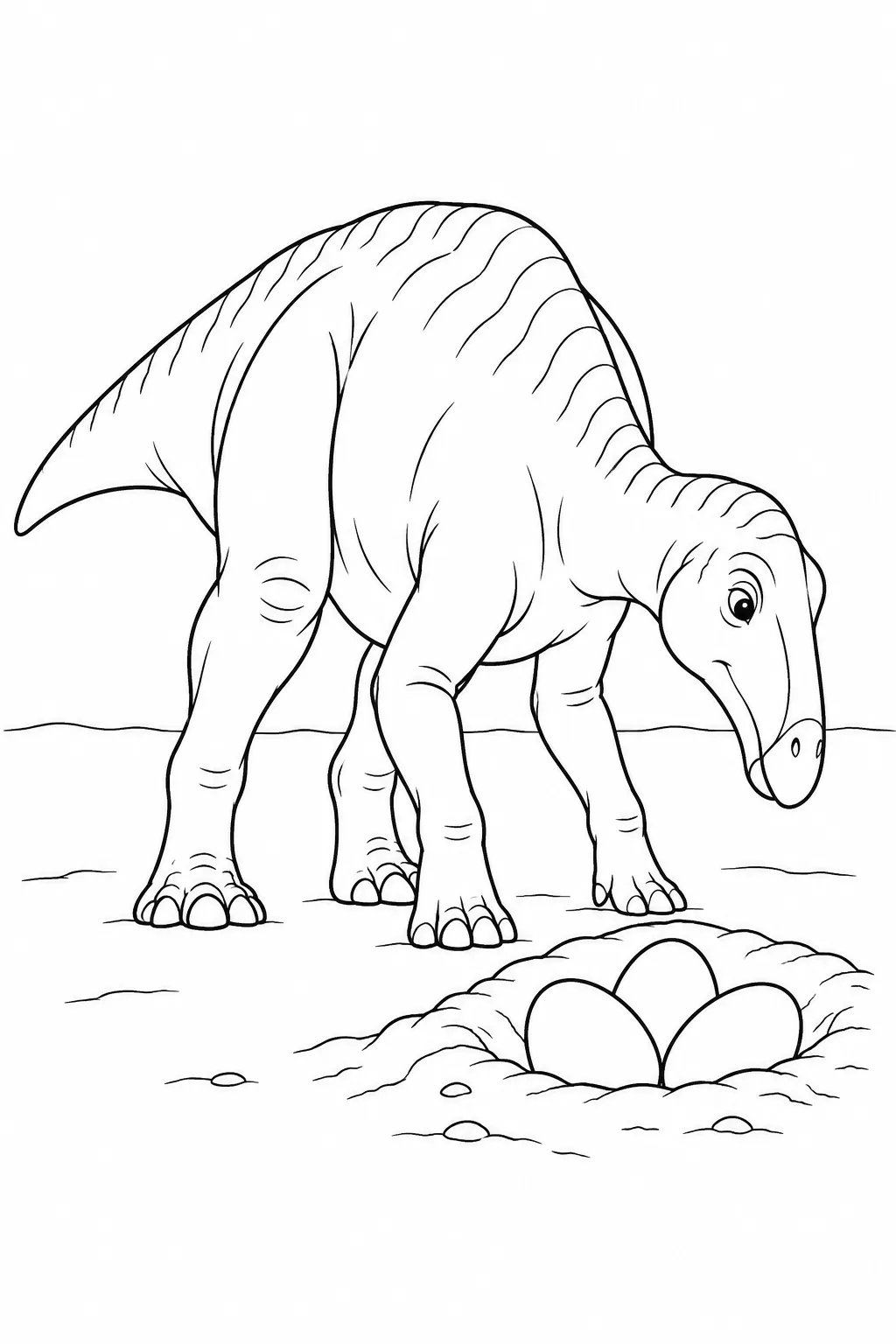 Printable dinosaur coloring page showing maiasaura watching a nest
