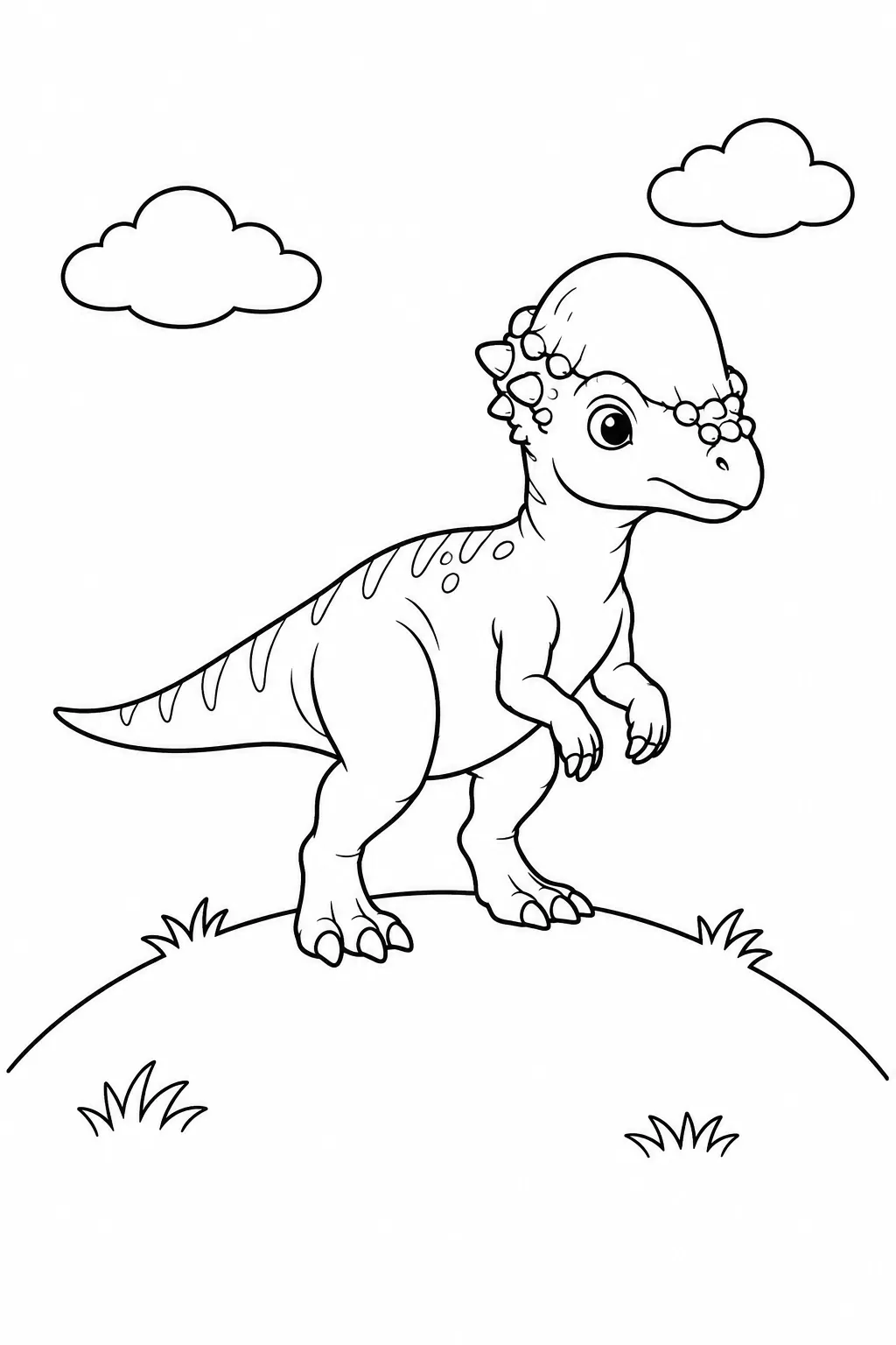 Printable dinosaur coloring page showing pachycephalosaurus on a hill