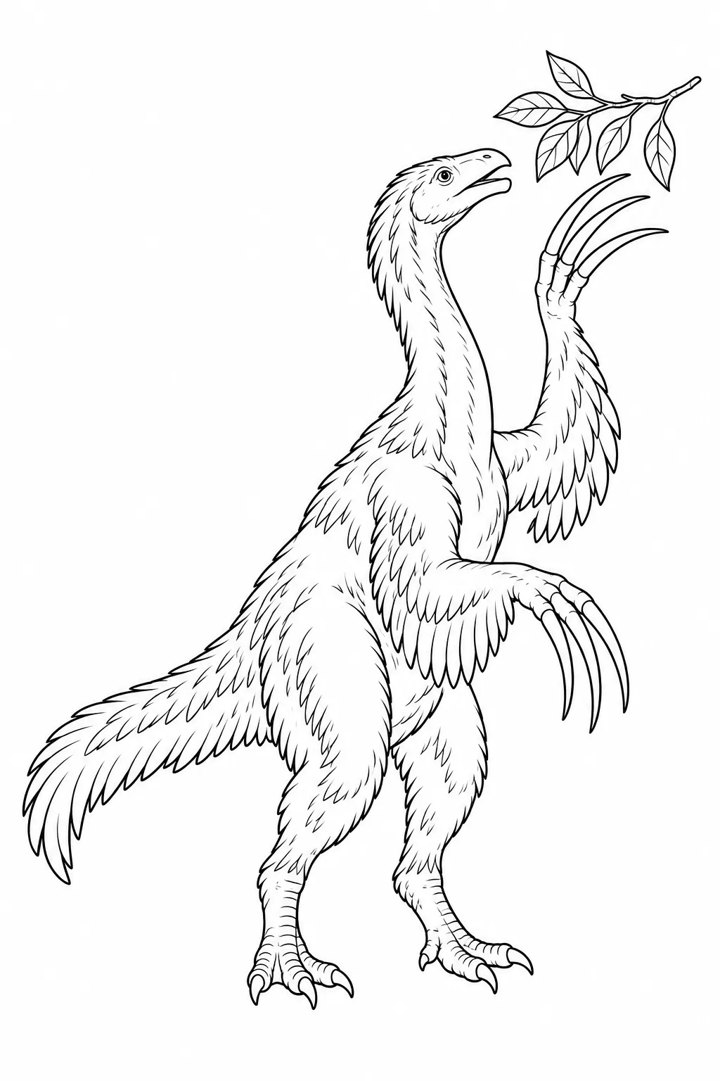 Printable dinosaur coloring page showing therizinosaurus reaching for leaves
