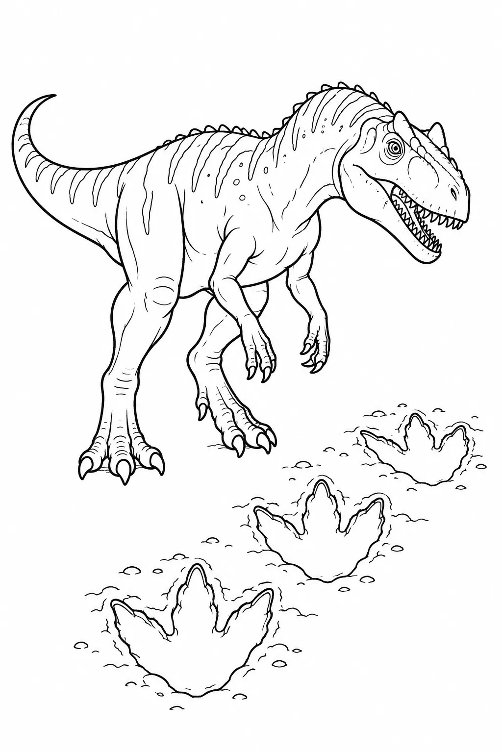 Printable dinosaur coloring page showing allosaurus following footprints