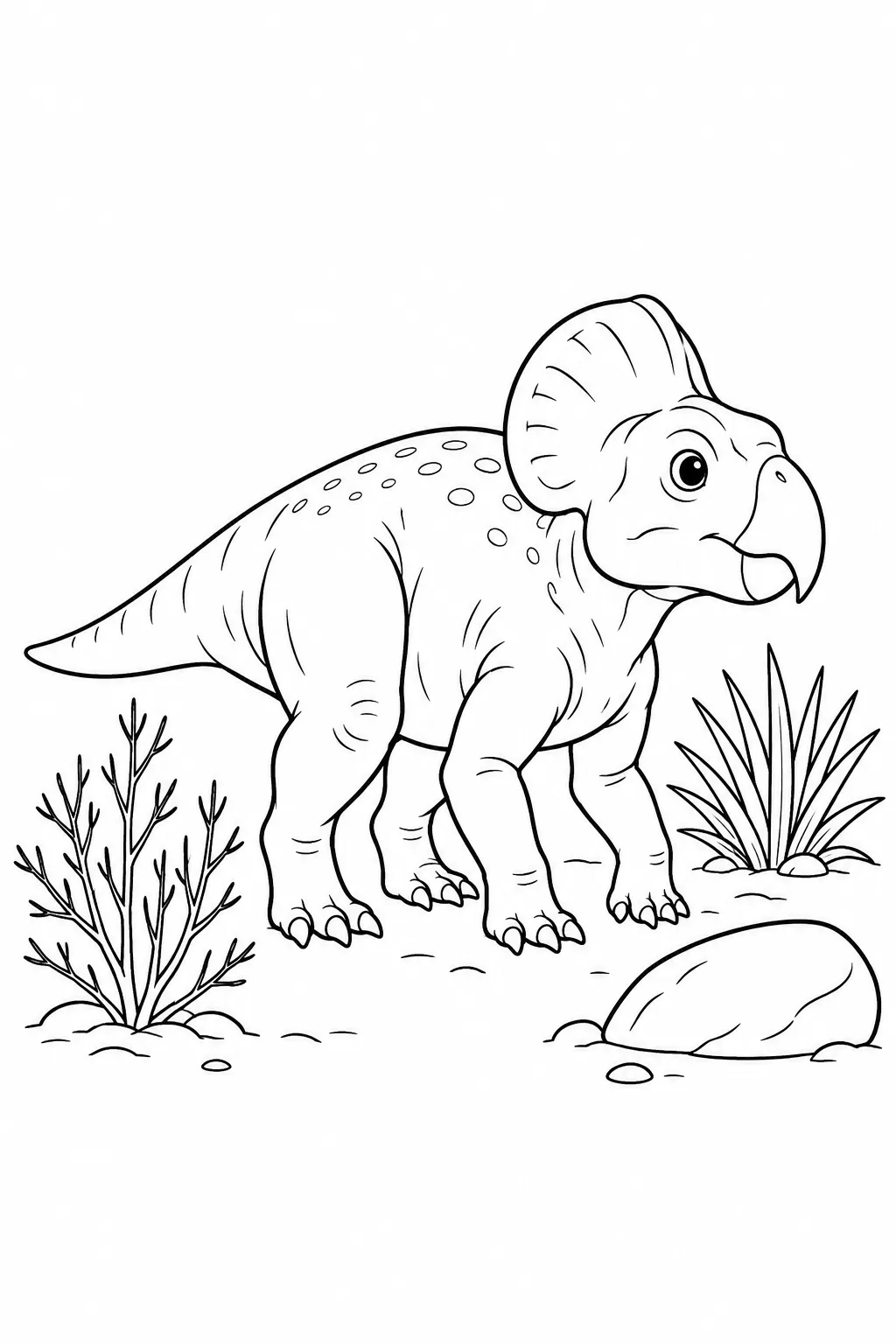 Printable dinosaur coloring page showing protoceratops near desert plants