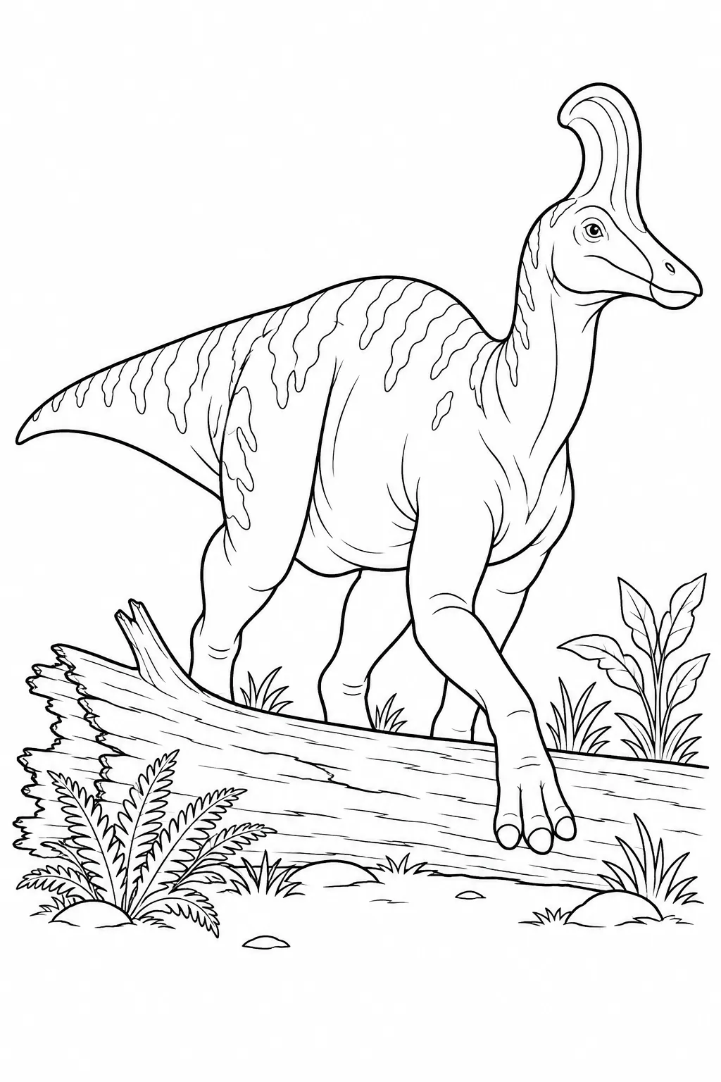 Printable dinosaur coloring page showing lambeosaurus around a fallen log