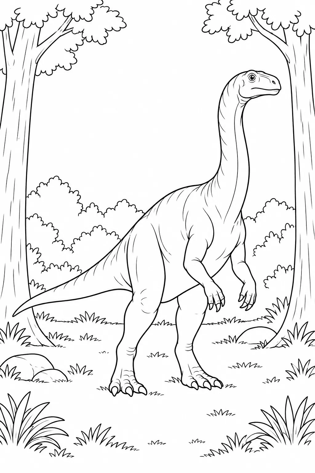 Printable dinosaur coloring page showing plateosaurus in a forest clearing