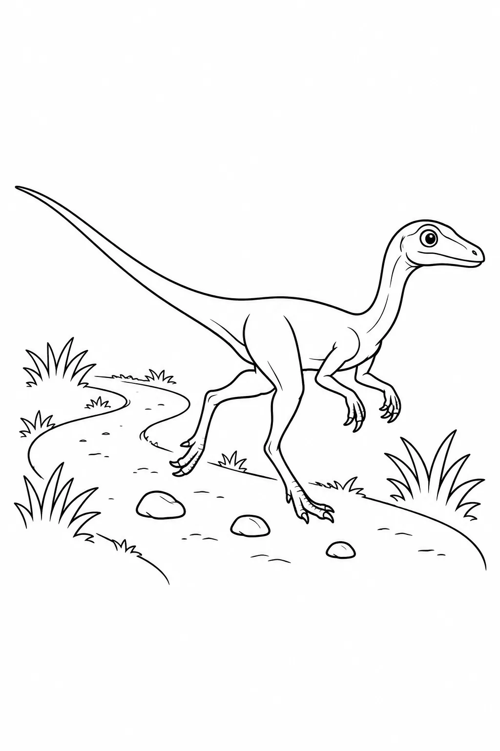 Printable dinosaur coloring page showing compsognathus on a tiny trail