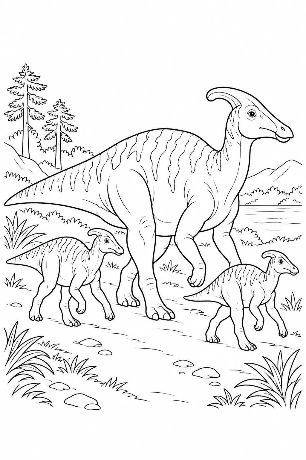 Printable dinosaur coloring page showing hadrosaur family walk