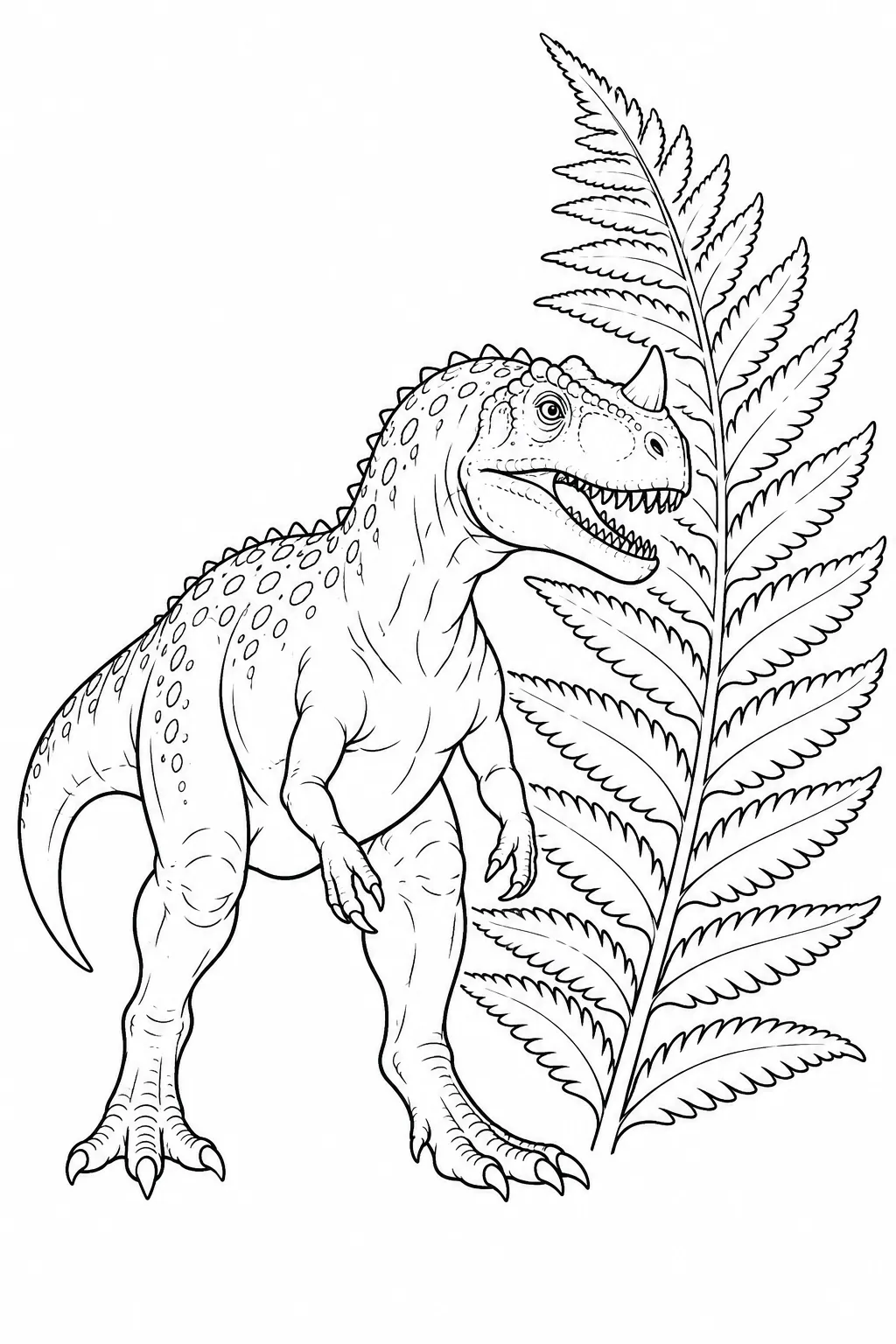 Printable dinosaur coloring page showing ceratosaurus by a broad fern
