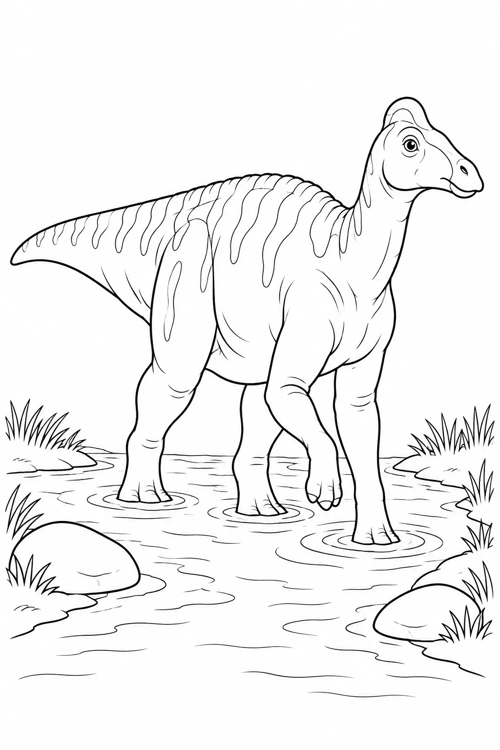 Printable dinosaur coloring page showing edmontosaurus crossing a creek