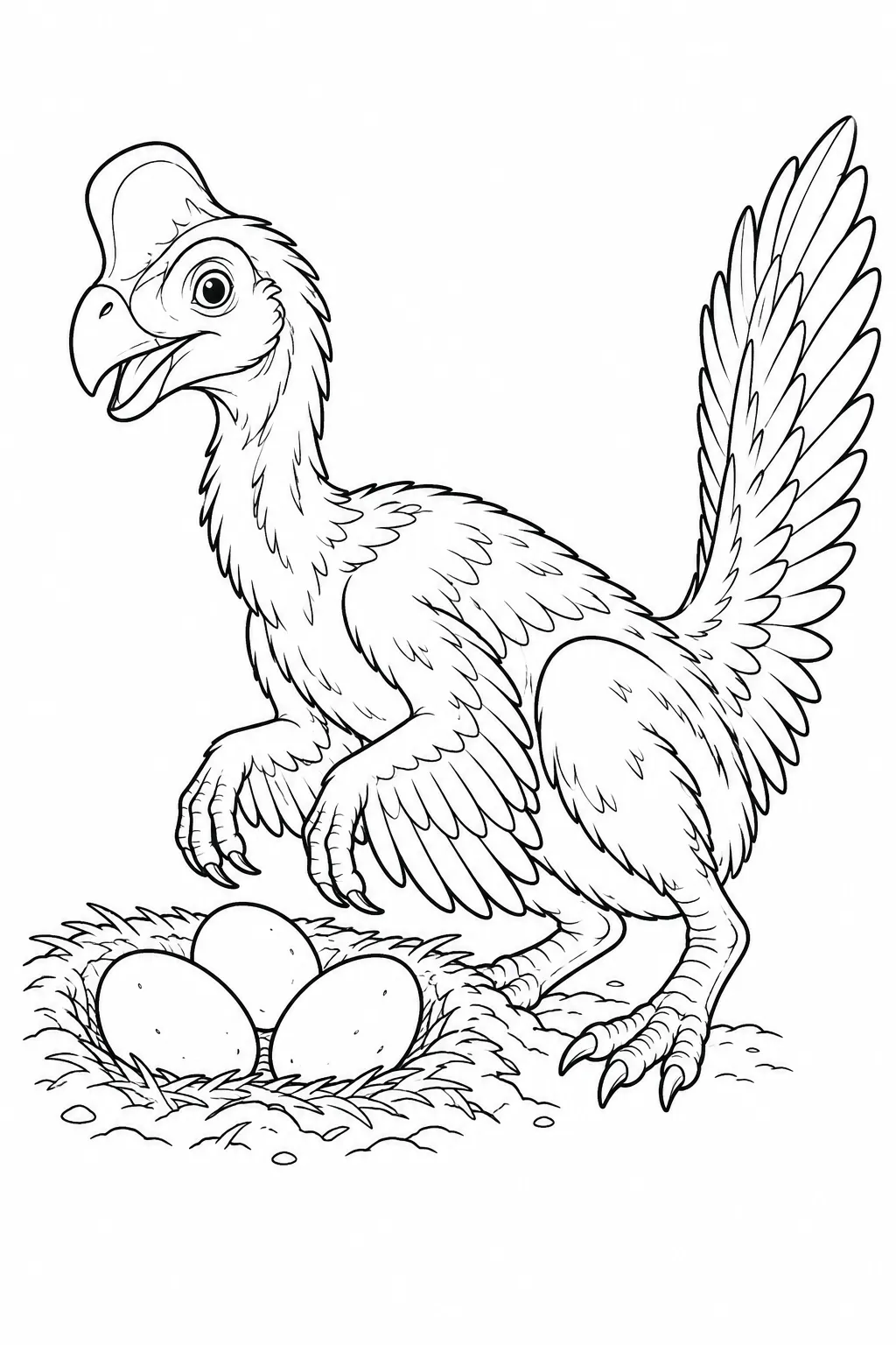 Printable dinosaur coloring page showing oviraptor beside three eggs