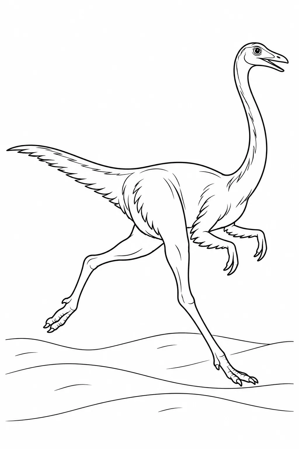Printable dinosaur coloring page showing gallimimus running across sand