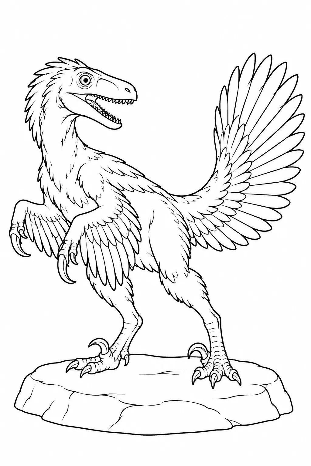 Printable dinosaur coloring page showing deinonychus feather fan