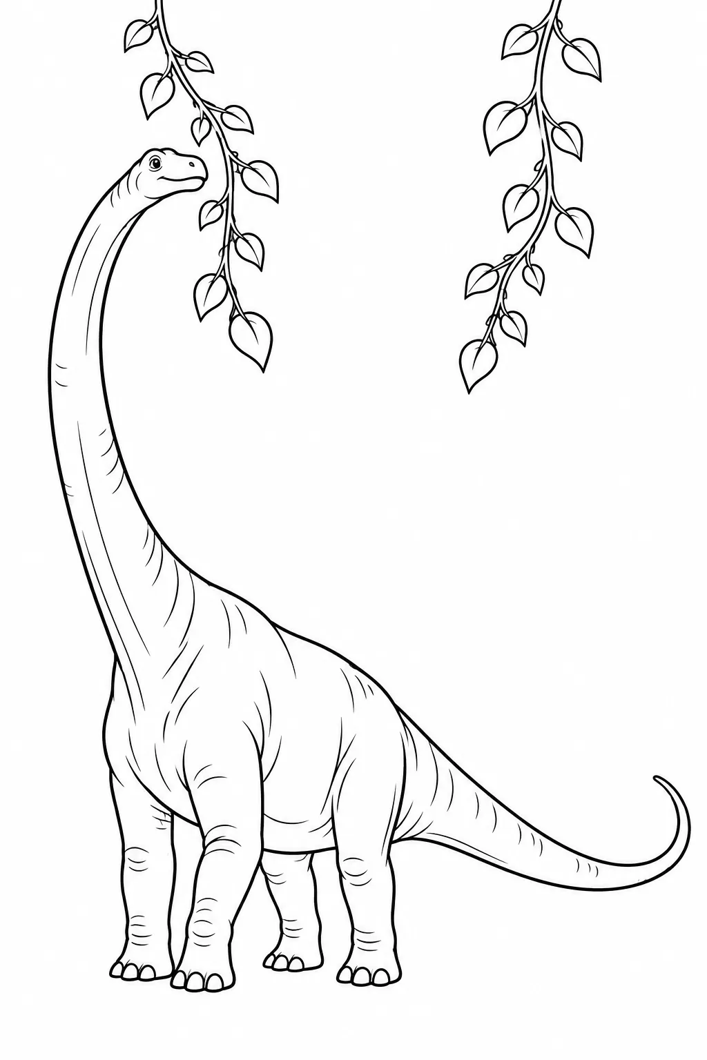 Printable dinosaur coloring page showing mamenchisaurus and hanging vines