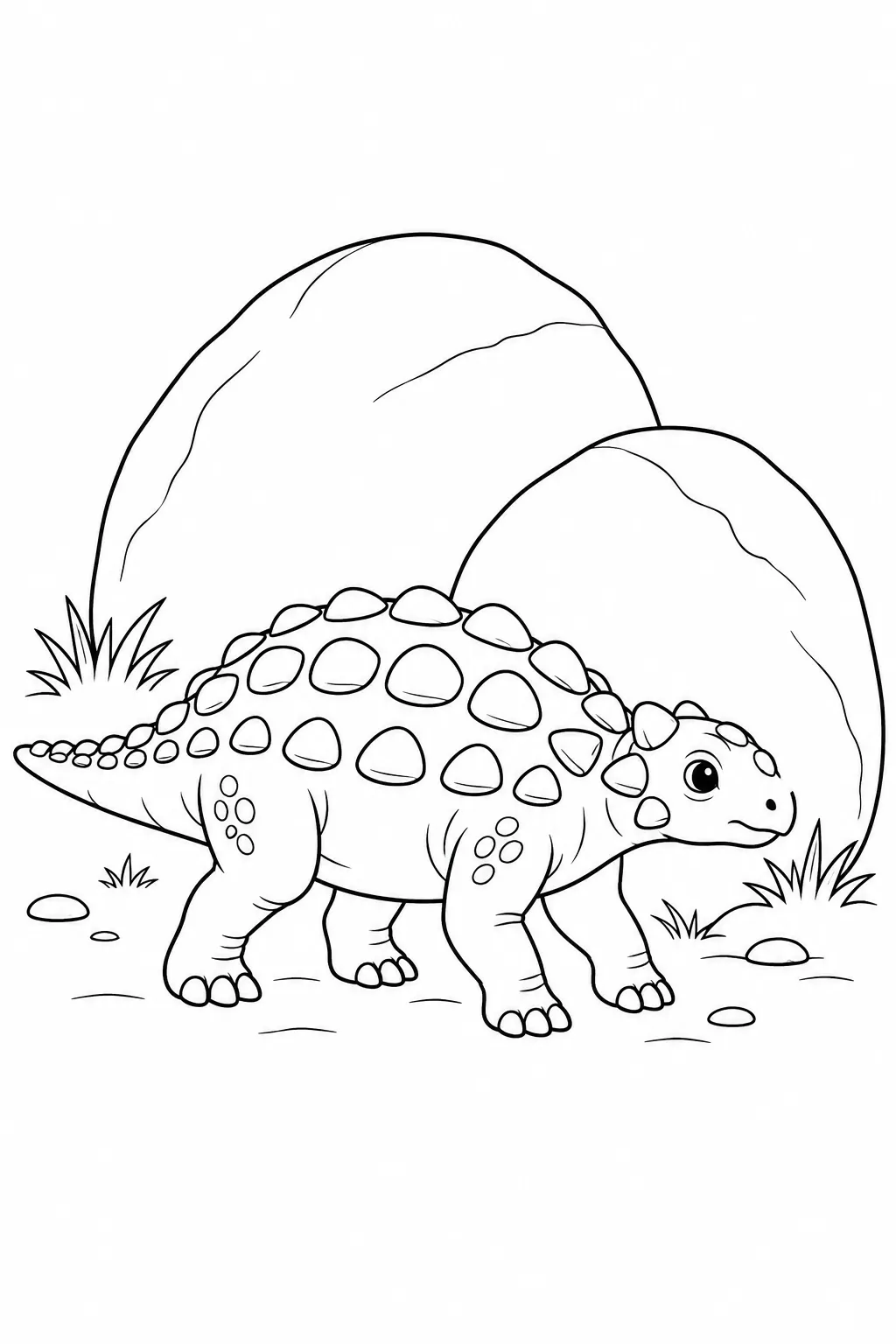 Printable dinosaur coloring page showing minmi beside smooth boulders