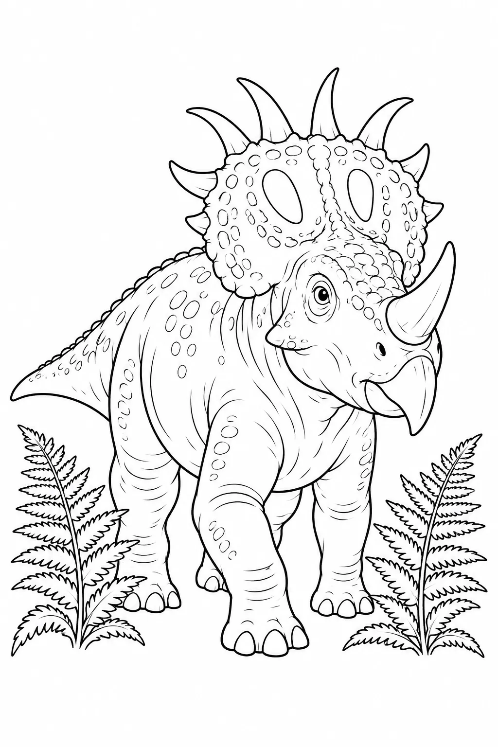 Printable dinosaur coloring page showing sinoceratops among ferns
