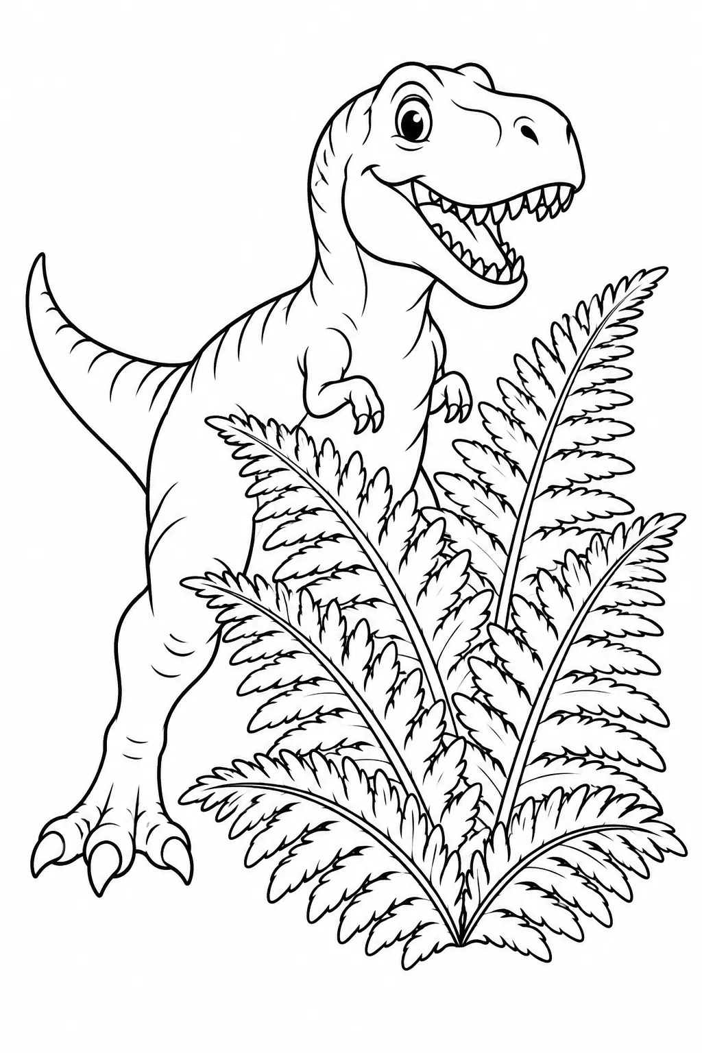 Printable dinosaur coloring page showing t rex behind a giant fern