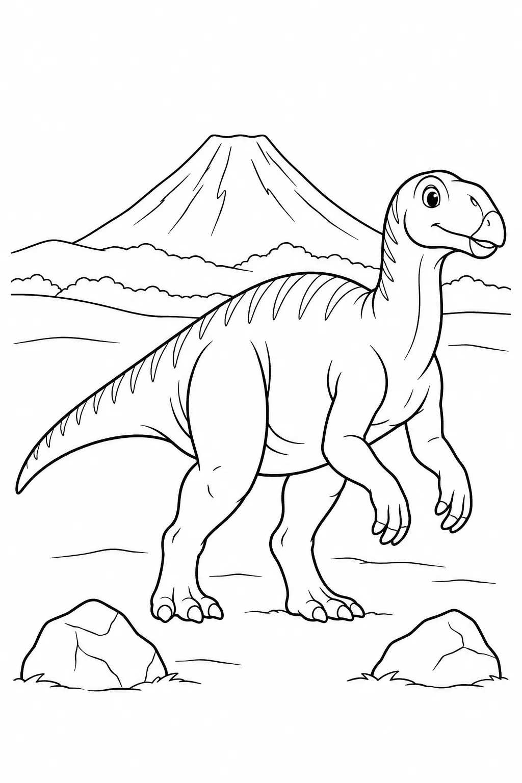 Printable dinosaur coloring page showing dinosaur at the volcano valley
