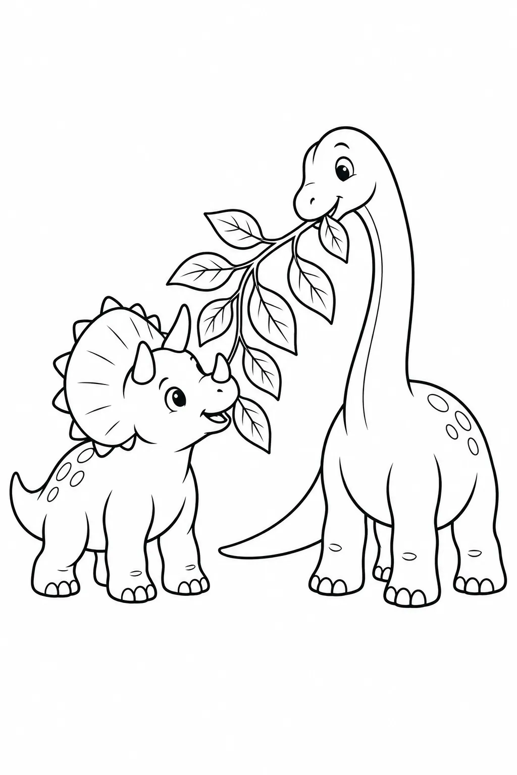 Printable dinosaur coloring page showing two dinosaurs sharing leaves