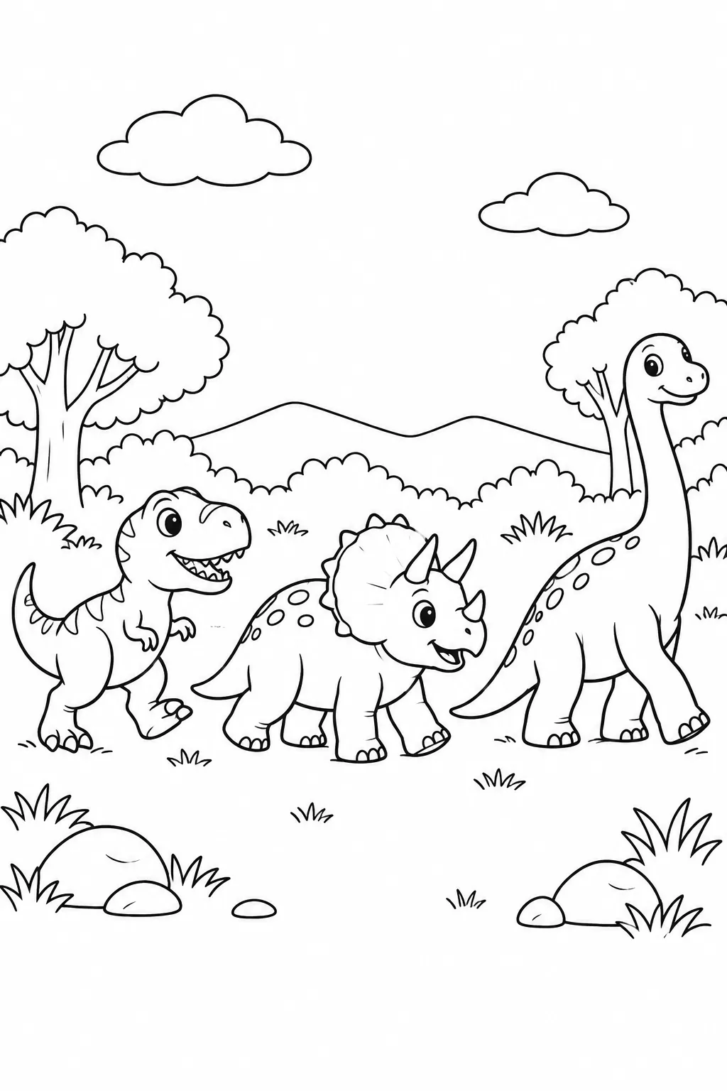Printable dinosaur coloring page showing dinosaur parade in the clearing