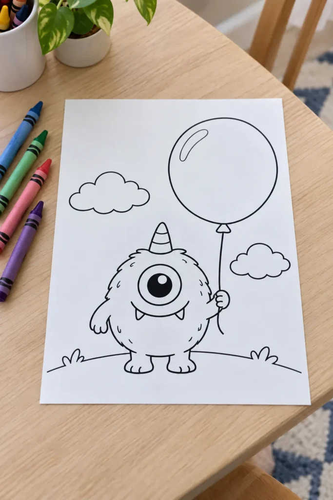 Printable cute monster coloring page on a table with crayons