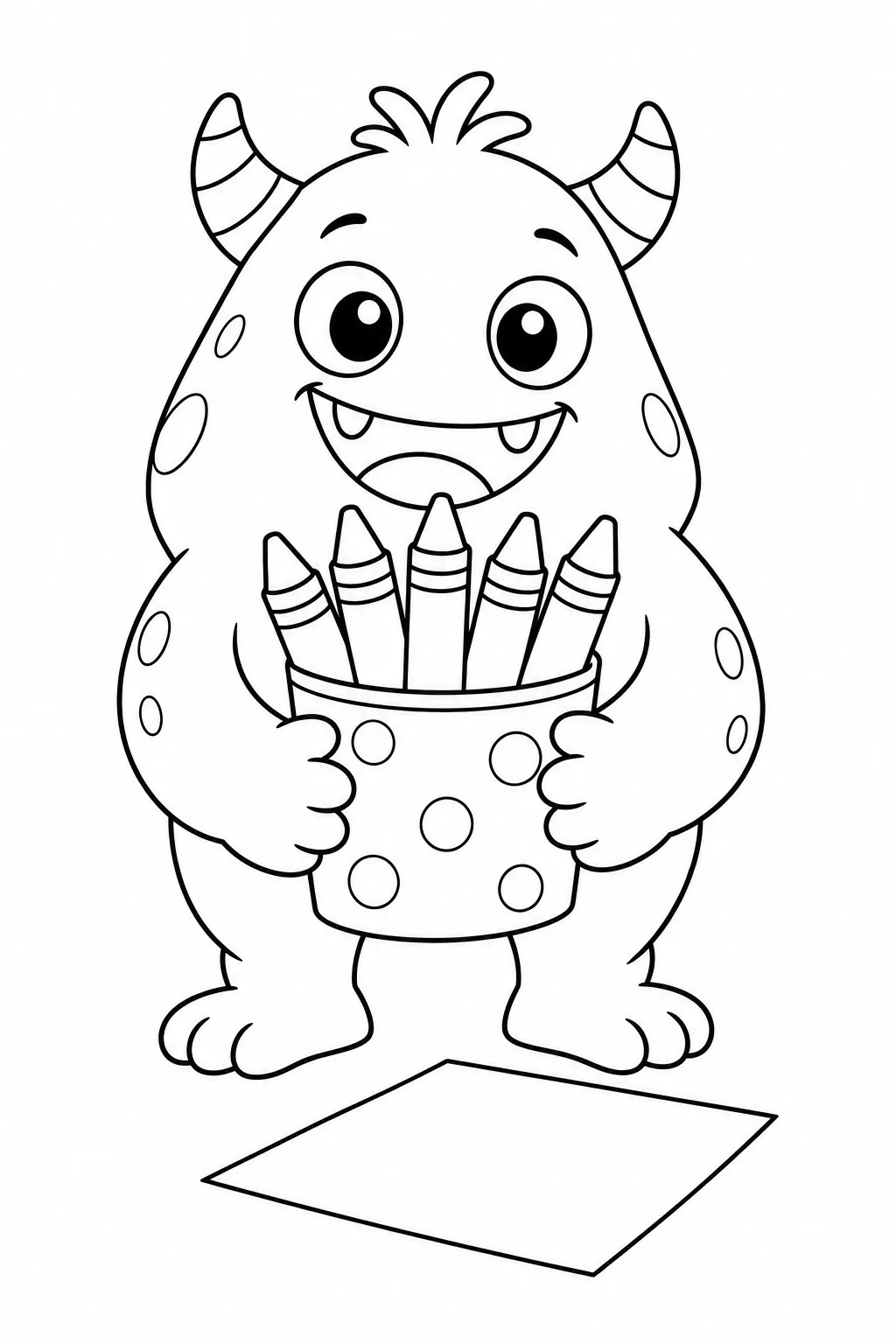 Cute monster coloring page with crayon carrying monster