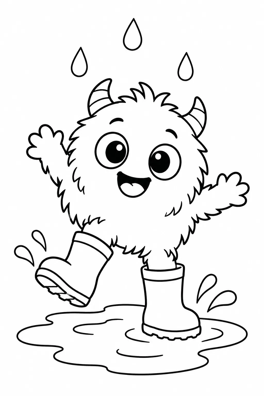 Cute monster coloring page with rain boot puddle jumper