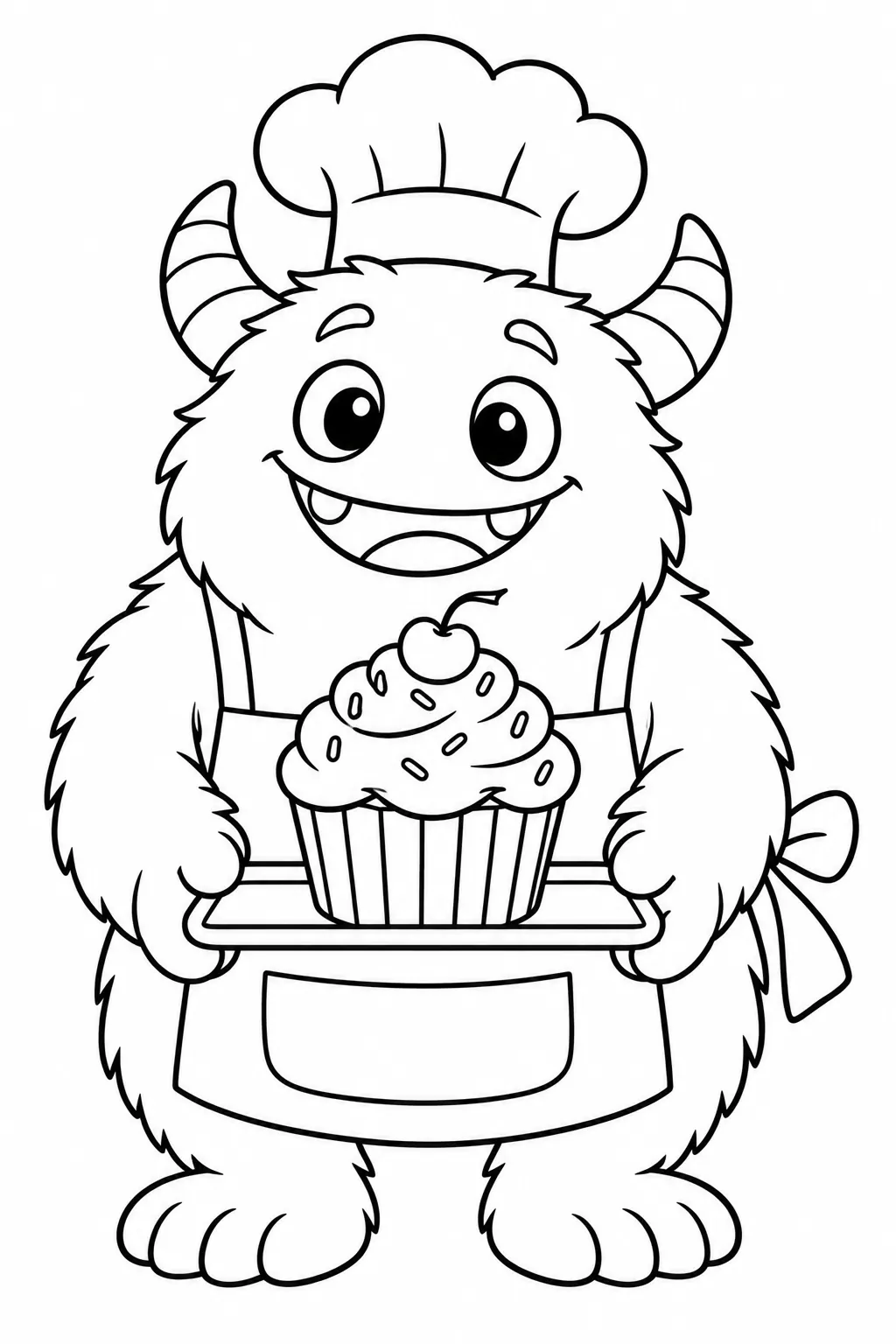 Cute monster coloring page with cupcake baking pal
