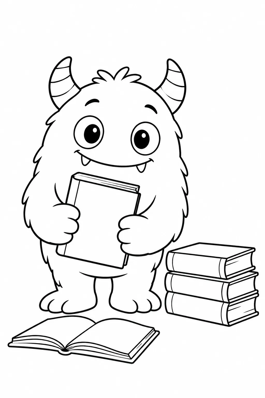 Cute monster coloring page with library book helper